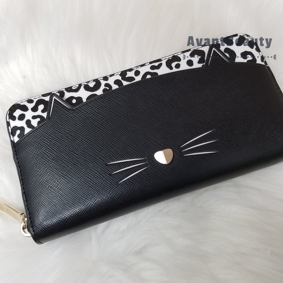 Kate Spade new York Large Continental Wallet Cat Meow Black White leopard - Picture 2 of 9
